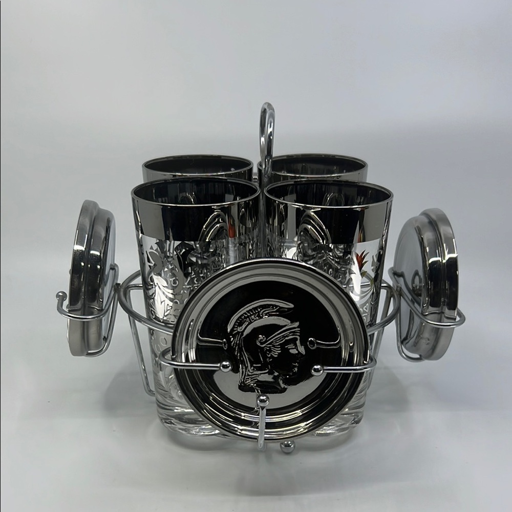 Vintage Komiko Silver Overlay Knight Shield Highball Glasses Coasters Imperfect